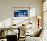 Three Wise Men riding camels toward star print in an oak frame above a mid-century book console with a vintage radio