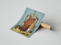 Gently curled Three of Cups print beside its protective shipping tube