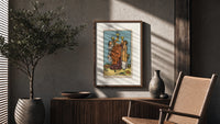 Three women toasting golden cups poster framed above a fluted sideboard beside an olive tree