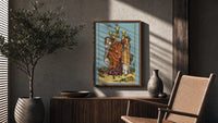 Three of Cups poster framed above a fluted sideboard beside a potted tree