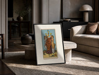 Three women toasting golden cups print in a black frame leaning on a travertine table in a sunlit lounge