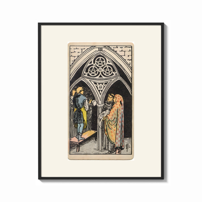 Framed Three pentacles tarot cathedral scene print shown as a bold statement piece on a clean gallery wall