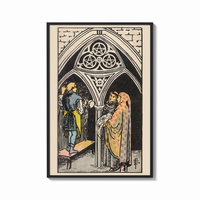 Framed Three of Pentacles print shown as a bold statement piece on a clean gallery wall