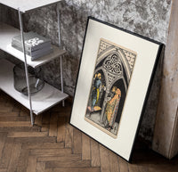 Three pentacles tarot cathedral scene poster in a black frame leaning beside a shelf in a raw-plaster loft