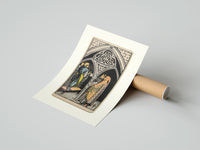 Rolled Three pentacles tarot cathedral scene poster beside its crush-resistant kraft shipping tube
