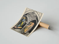 Gently curled Three of Pentacles print beside its protective shipping tube