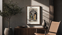 Three pentacles tarot cathedral scene poster framed above a fluted sideboard beside an olive tree