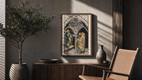 Three of Pentacles poster framed above a fluted sideboard beside a potted tree