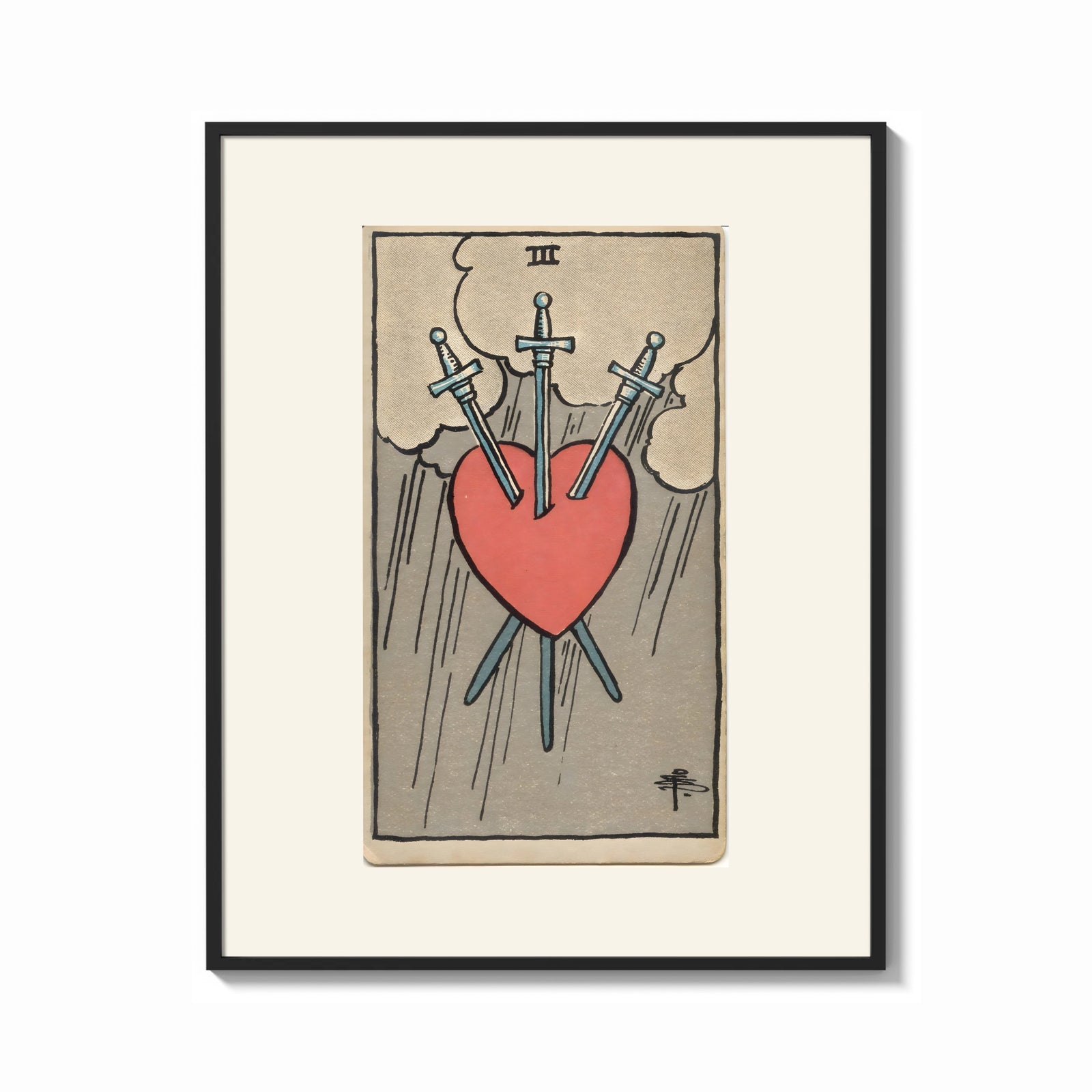 Framed Heart pierced by three swords print shown as a bold statement piece on a clean gallery wall