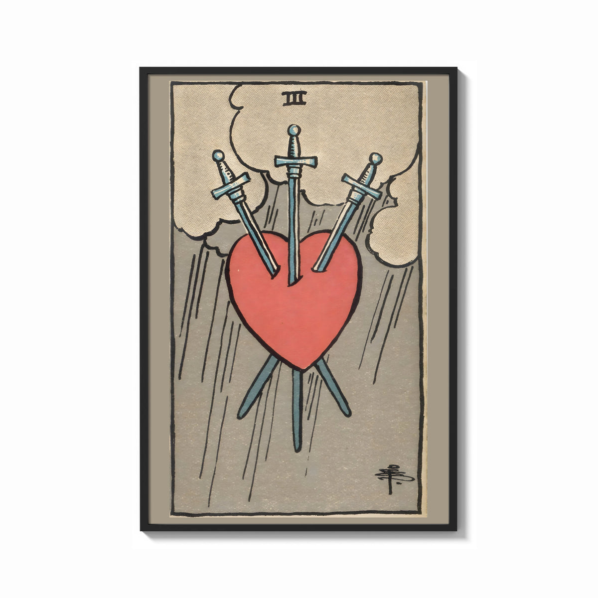 Framed Three of Swords print shown as a bold statement piece on a clean gallery wall
