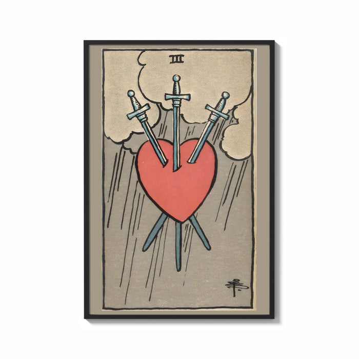Framed Three of Swords print shown as a bold statement piece on a clean gallery wall