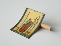 Gently curled Three of Wands print beside its protective shipping tube