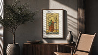 Figure holding staffs facing sea poster framed above a fluted sideboard beside an olive tree