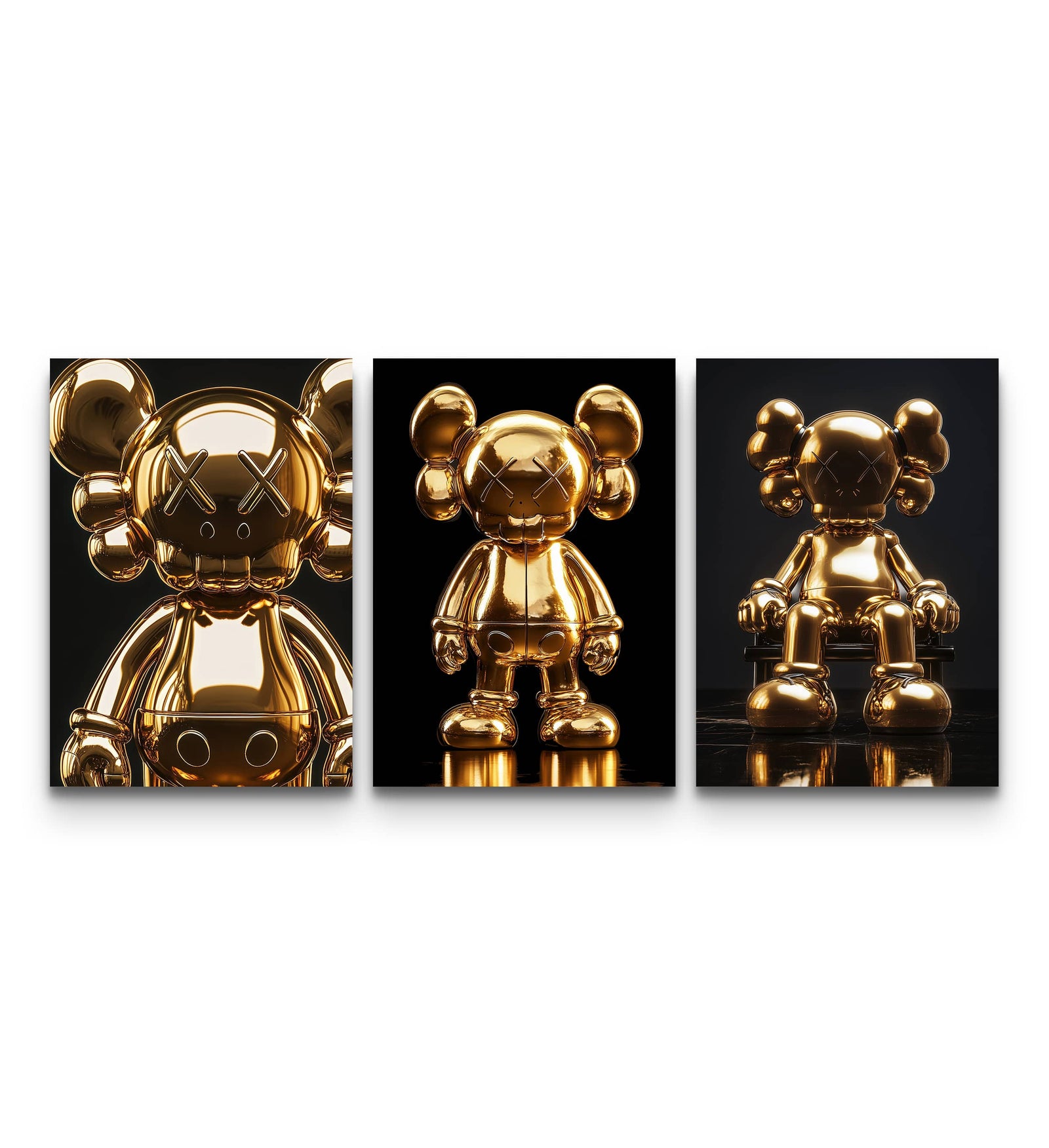 Three-panel KAWS set with polished 24K gold figures in varied poses on black backgrounds
