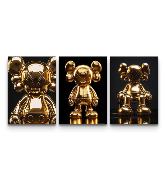 Three-panel KAWS set with polished 24K gold figures in varied poses on black backgrounds