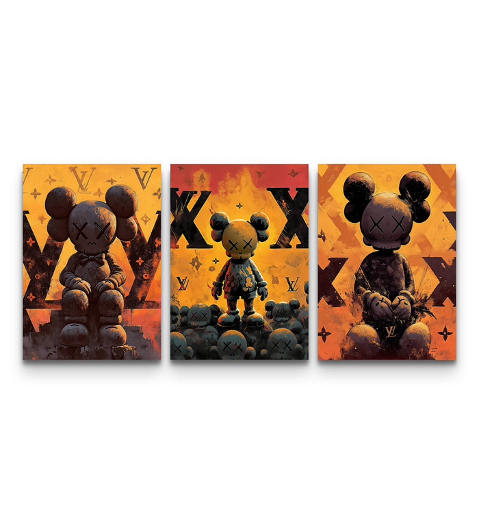 Three-panel KAWS LV Inferno set with fiery orange figures on bold Louis Vuitton monogram backgrounds