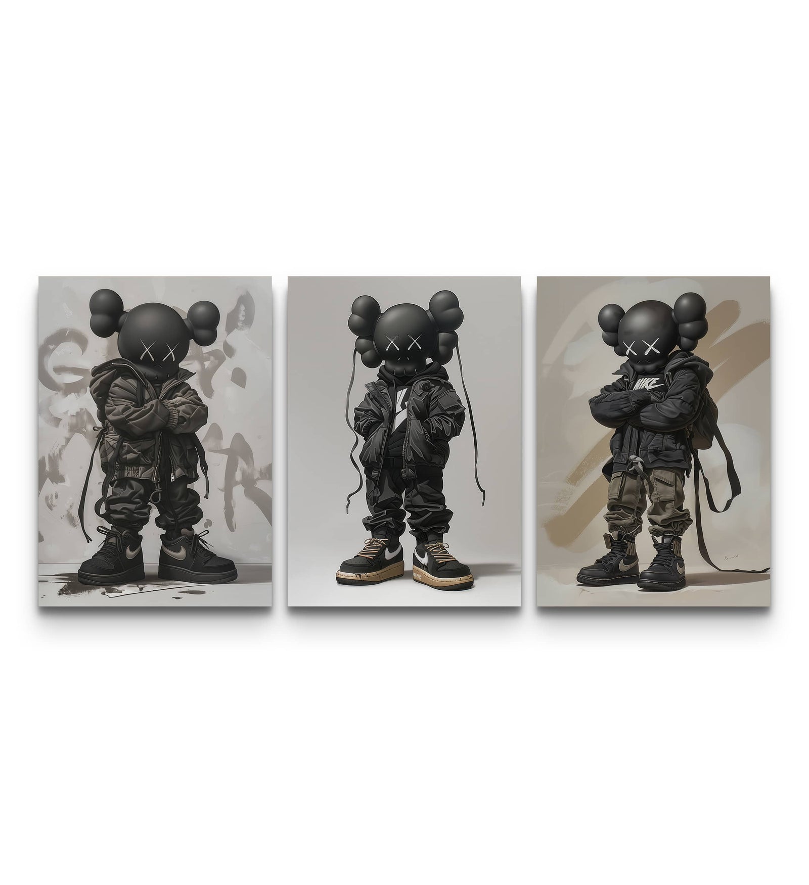 Three-panel KAWS Nike Street wall art set with all-black figures in Nike gear over graffiti backdrops