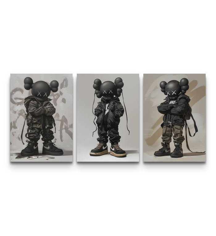 Three-panel KAWS Nike Street wall art set with all-black figures in Nike gear over graffiti backdrops