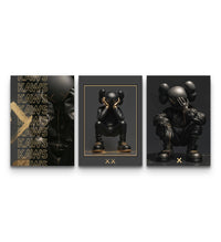 Three-panel KAWS Noir XX set with matte-black figures and gold accents on deep charcoal backgrounds