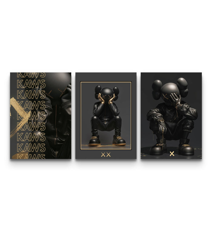 Three-panel KAWS Noir XX set with matte-black figures and gold accents on deep charcoal backgrounds