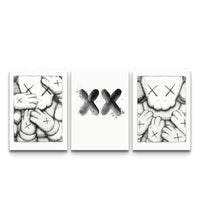 Three-panel KAWS XX outline triptych with hand-drawn companion figures and XX symbol on white backgrounds