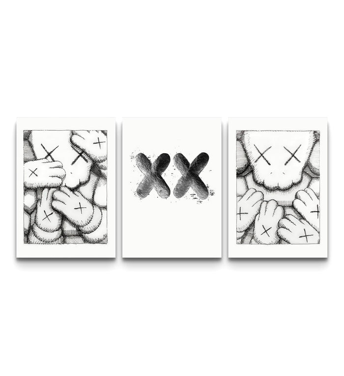 Three-panel KAWS XX outline triptych with hand-drawn companion figures and XX symbol on white backgrounds