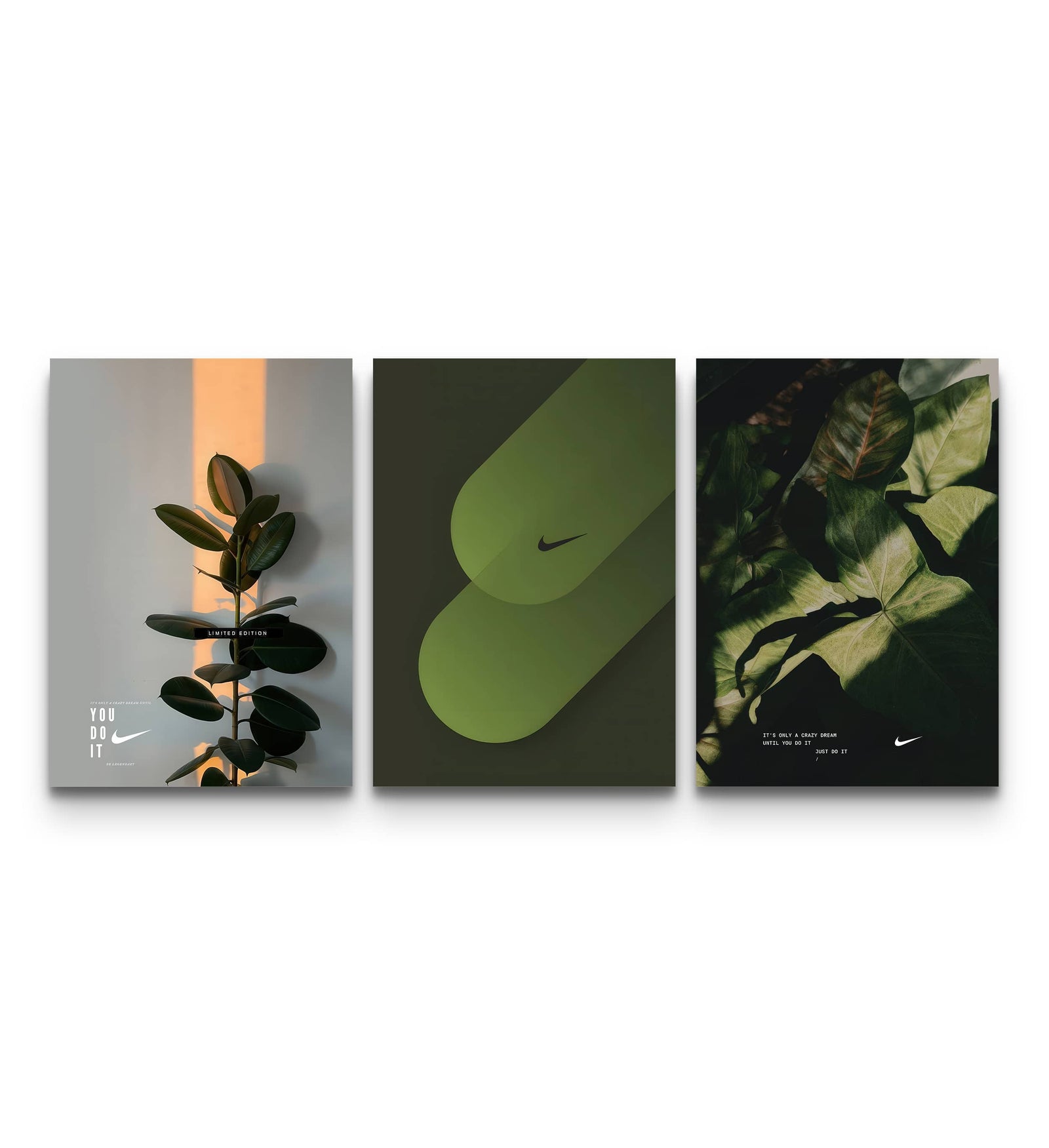 Three-panel Nike botanical triptych with rubber plant in orange light, green swoosh shapes and tropical leaves