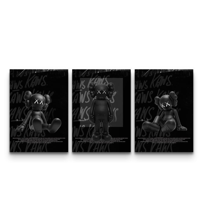 Three black KAWS companion panels on dark graffiti text, seated left, standing center, seated right as a triptych