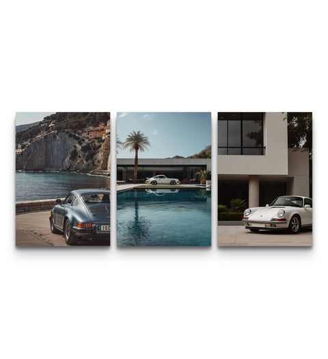 Three Porsche 911 coastal posters on a warm backdrop beside a crush-resistant shipping tube
