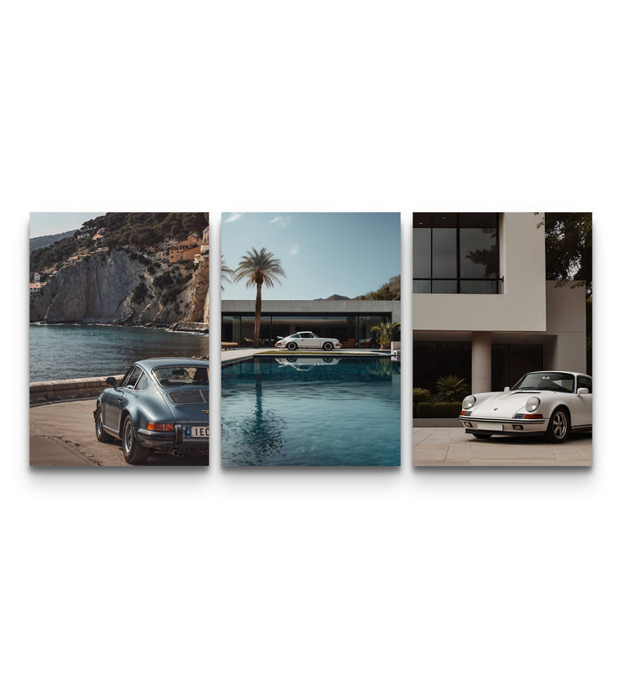 Three Porsche 911 coastal posters on a warm backdrop beside a crush-resistant shipping tube