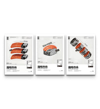 Salmon sushi trio prints lined up on white, lighter motif left, nigiri centre, soda cans right