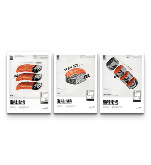 Salmon sushi trio prints lined up on white, lighter motif left, nigiri centre, soda cans right
