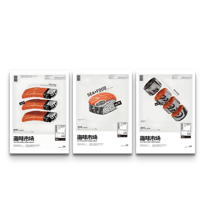 Salmon sushi trio prints lined up on white, lighter motif left, nigiri centre, soda cans right