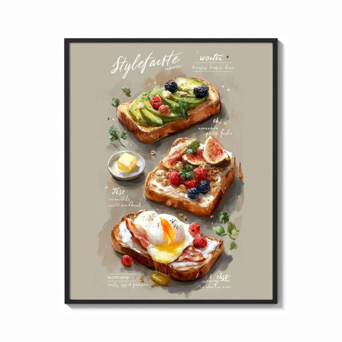 Framed Three Toasts with Egg, Avocado and Fig print shown as a bold statement piece on a clean gallery wall