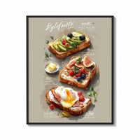 Framed Three Toasts with Egg, Avocado and Fig print shown as a bold statement piece on a clean gallery wall