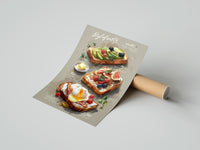 Gently curled Three Toasts with Egg, Avocado and Fig print beside its protective shipping tube