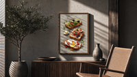 Three Toasts with Egg, Avocado and Fig poster framed above a fluted sideboard beside a potted tree