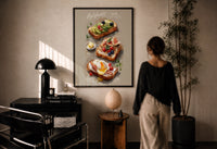 Three Toasts with Egg, Avocado and Fig print in a black frame on a sunlit wall with a viewer