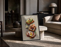Three Toasts with Egg, Avocado and Fig print on the floor, leaning against a travertine table