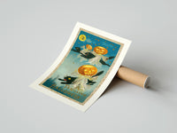 Rolled Black cats with jack-o-lantern heads poster beside its crush-resistant kraft shipping tube