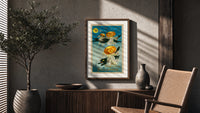 Black cats with jack-o-lantern heads poster framed above a fluted sideboard beside an olive tree