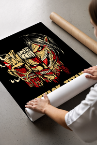 Three split titan faces print laid flat in a styling flatlay