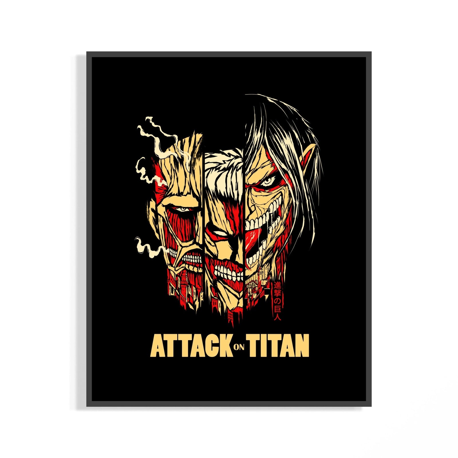 Framed Three split titan faces print displayed as a statement piece