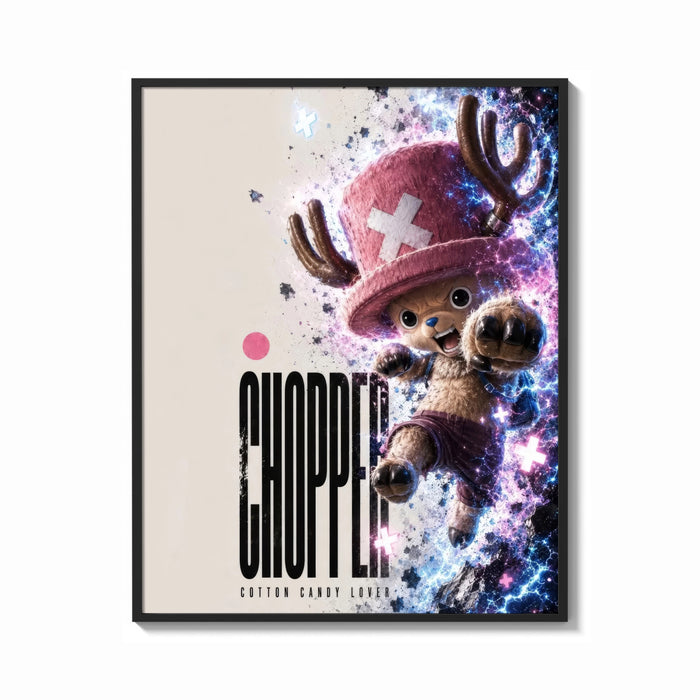 Framed Tony Tony Chopper anime character print shown as a bold statement piece on a clean gallery wall