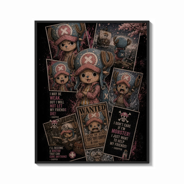Framed Tony Tony Chopper reindeer character collage print shown as a bold statement piece on a clean gallery wall