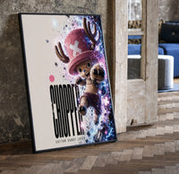 Tony Tony Chopper anime character print in a black frame leaning beside a vintage door on parquet