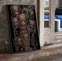 Tony Tony Chopper reindeer character collage print in a black frame leaning beside a vintage door on parquet