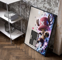 Tony Tony Chopper anime character poster in a black frame leaning beside a shelf in a raw-plaster loft
