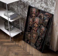 Tony Tony Chopper reindeer character collage poster in a black frame leaning beside a shelf in a raw-plaster loft