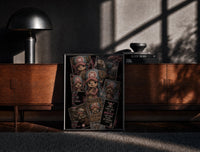 Black-framed Tony Tony Chopper reindeer character collage print on a moody console with designer coffee-table books